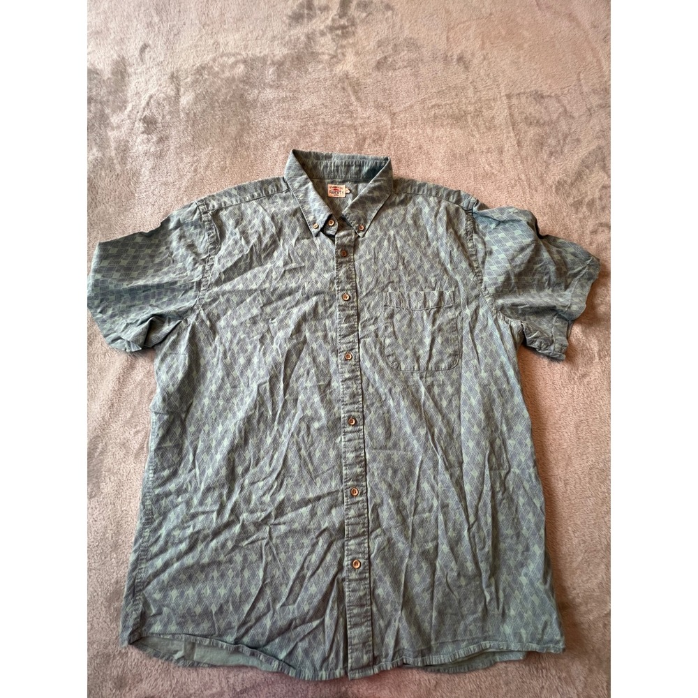 Faherty Button Down Shirt Mens XXL Blue Green Geometric Short Sleeve Cotton